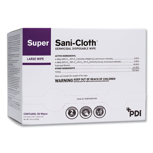 Image of Sani Professional® Super Sani-Cloth Individually Wrapped Germicidal Disposable Wipes, Large, 1-Ply, 5 X 8, Unscented, White, 50/pack