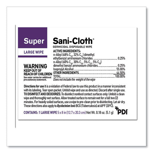Image of Sani Professional® Super Sani-Cloth Individually Wrapped Germicidal Disposable Wipes, Large, 1-Ply, 5 X 8, Unscented, White, 50/pack