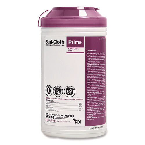 Image of Sani Professional® Sani-Cloth Prime Germicidal Disposable Wipes, Extra-Large, 1-Ply, 7.5 X 15, Unscented, White, 70/canister, 6 Canisters/carton