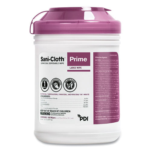 Image of Sani Professional® Sani-Cloth Prime Germicidal Disposable Wipes, Large, 1-Ply, 6 X 6.75, Unscented, White, 160/canister, 12 Canisters/carton