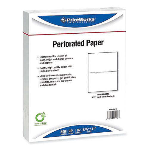 Image of PrintWorks® Professional Perforated and Punched Paper, 20 lb Bond Weight, 8.5 x 11, White, 500/Ream, 5 Reams/Carton