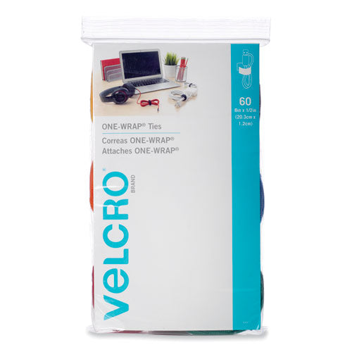 Image of VELCRO® Brand One-Wrap Ties And Straps, 0.5" X 8", Assorted Colors, 60/pack