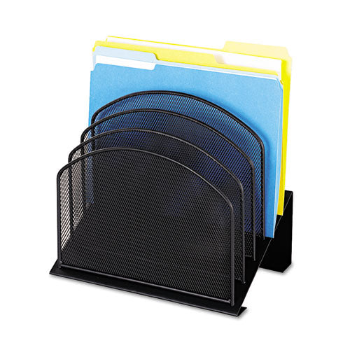 Image of Safco® Onyx Mesh Desk Organizer With Tiered Sections, 5 Sections, Letter To Legal Size Files, 11.25" X 7.25" X 12", Black