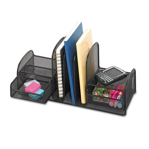 Image of Safco® Onyx Mesh Desk Organizer, Three Sections/Two Baskets, Steel Mesh, 17 x 6.75 x 7.75, Black