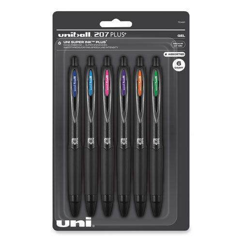 Image of uniball® 207 Plus+ Gel Pen, Retractable, Medium 0.7 mm, Assorted Inspirational Ink Colors, Black Barrel, 6/Pack