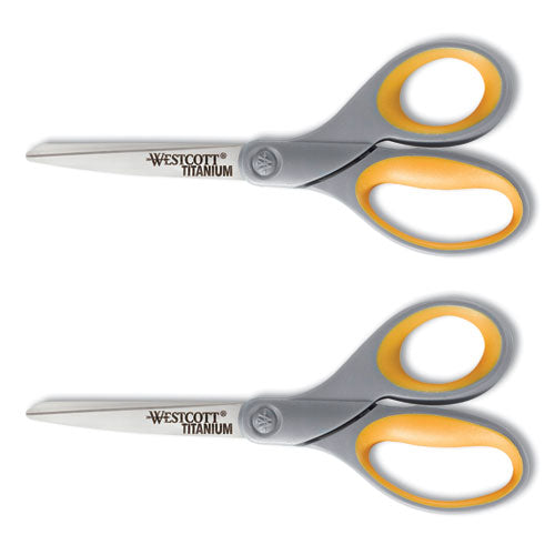 Image of Westcott® Titanium Bonded Scissors, 8" Long, 3.5" Cut Length, Straight Gray/Yellow Handle, 2/Pack