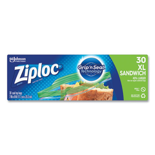 Image of Ziploc® Sandwich Seal Top Bags, XL Sandwich, 8" x 7", Clear, 30/Box