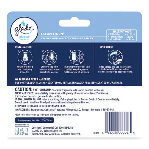 Image of Glade® Plugins Scented Oil Refill, Clean Linen, 0.67 oz, 5/Pack
