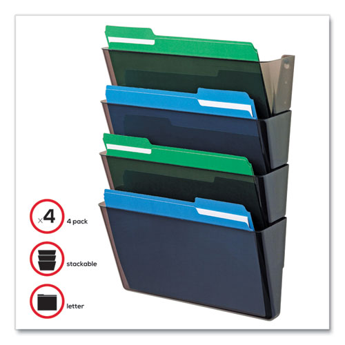 Image of deflecto® DocuPocket Stackable Four-Pocket Wall File, 4 Sections, Letter Size, 13" x 4", Smoke
