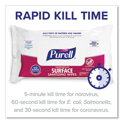 Image of PURELL® Foodservice Surface Sanitizing Wipes, 1-Ply, 7.4 X 9, Fragrance-Free, White, 72/pouch, 12 Pouches/carton