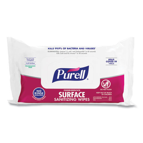 Image of PURELL® Foodservice Surface Sanitizing Wipes, 1-Ply, 7.4 X 9, Fragrance-Free, White, 72/pouch, 12 Pouches/carton