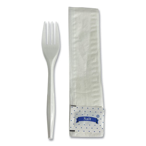 Image of Boardwalk® Three-Piece Utensil Set, Fork/Napkin/Salt, Plastic, White, 500/Carton