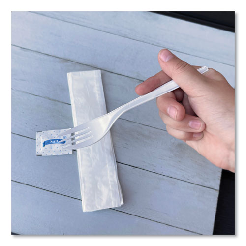 Image of Boardwalk® Three-Piece Utensil Set, Fork/Napkin/Salt, Plastic, White, 500/Carton
