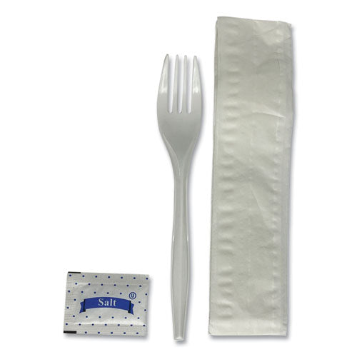 Image of Boardwalk® Three-Piece Utensil Set, Fork/Napkin/Salt, Plastic, White, 500/Carton