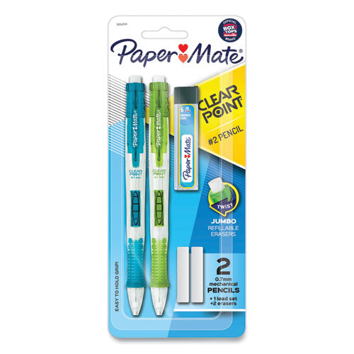 Image of Paper Mate® Clear Point Mechanical Pencils with Tube of Lead/Erasers, 0.7 mm, HB (#2), Black Lead, Randomly Assorted Barrel Colors, 2/PK