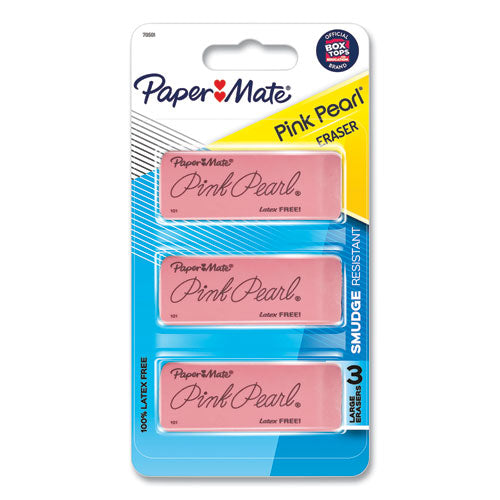 Image of Paper Mate® Pink Pearl Eraser, For Pencil Marks, Rectangular Block, Large, Pink, 3/pack