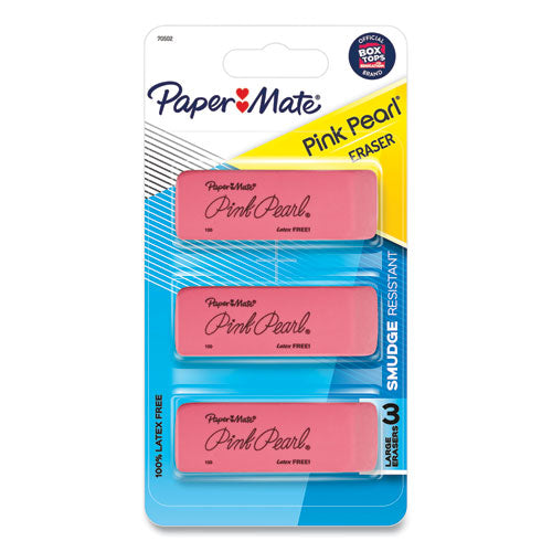 Image of Paper Mate® Pink Pearl Eraser, For Pencil Marks, Rectangular Block, Medium, Pink, 3/pack