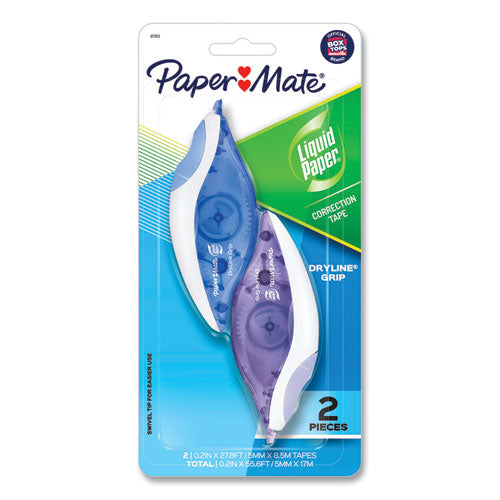 Image of Paper Mate® Liquid Paper® DryLine Grip Correction Tape, Blue/Purple Applicators, 0.2" x 335", 2/Pack