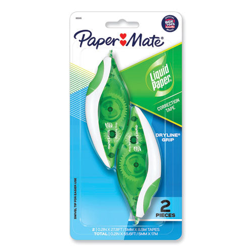 Image of Paper Mate® Liquid Paper® DryLine Grip Correction Tape, Non-Refillable, Gray/Green Applicator, 0.2" x 335", 2/Pack