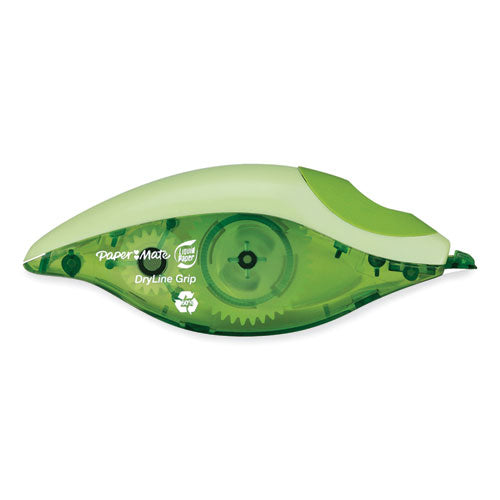 Image of Paper Mate® Liquid Paper® DryLine Grip Correction Tape, Recycled Dispenser, Green/White Applicator, 0.2" x 335", 2/Pack