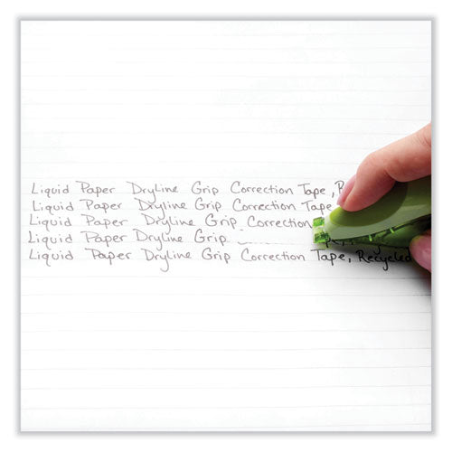 Image of Paper Mate® Liquid Paper® DryLine Grip Correction Tape, Recycled Dispenser, Green/White Applicator, 0.2" x 335", 2/Pack