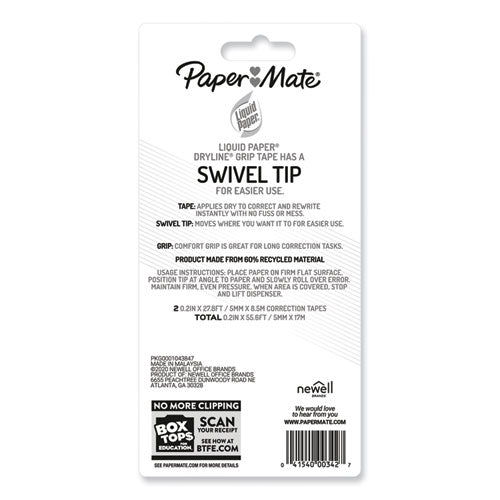 Image of Paper Mate® Liquid Paper® DryLine Grip Correction Tape, Recycled Dispenser, Green/White Applicator, 0.2" x 335", 2/Pack