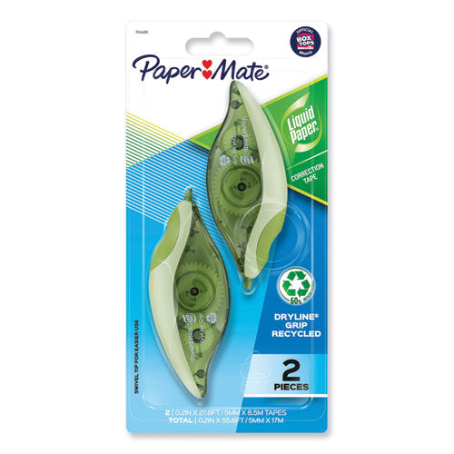 Image of Paper Mate® Liquid Paper® DryLine Grip Correction Tape, Recycled Dispenser, Green/White Applicator, 0.2" x 335", 2/Pack