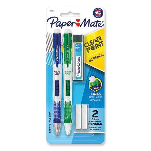 Image of Paper Mate® Clear Point Mechanical Pencils with Tube of Lead/Erasers, 0.9 mm, HB (#2), Black Lead, Assorted Barrel Colors, 2/Pack