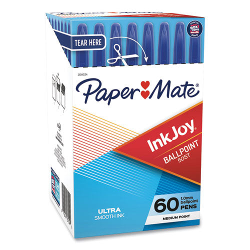 Image of Paper Mate® InkJoy 50ST Ballpoint Pen, Stick, Medium 1 mm, Blue Ink, Clear Barrel, 60/Pack