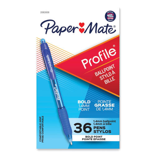 Image of Paper Mate® Profile Ballpoint Pen, Retractable, Bold 1.4 mm, Blue Ink, Translucent Blue Barrel, 36/Pack