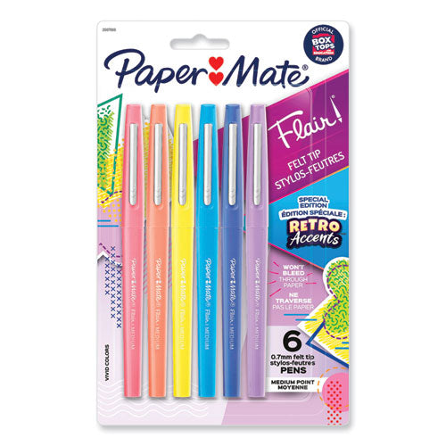 Image of Paper Mate® Flair Felt Tip Porous Point Pen with Retro Accents, Stick, Medium 0.7 mm, Assorted Ink and Barrel Colors, 6/Pack