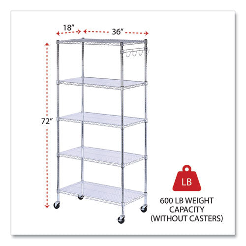 Image of Alera® 5-Shelf Wire Shelving Kit With Casters And Shelf Liners, 36w X 18d X 72h, Silver