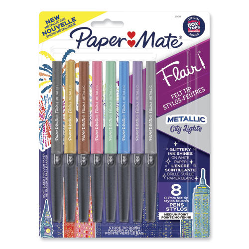 Image of Paper Mate® Flair Metallic Porous Point Pen, Stick, Medium 0.7 mm, Assorted Ink and Barrel Colors, 8/Pack