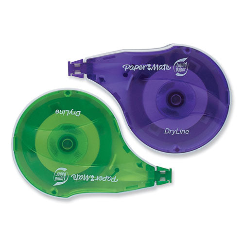 Image of Paper Mate® Liquid Paper® DryLine Correction Tape, Non-Refillable, Green/Purple Applicators, 0.17" x 472", 2/Pack