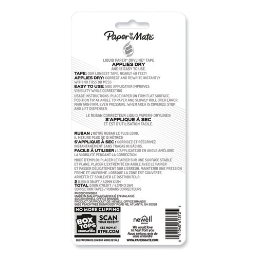 Image of Paper Mate® Liquid Paper® DryLine Correction Tape, Non-Refillable, Green/Purple Applicators, 0.17" x 472", 2/Pack