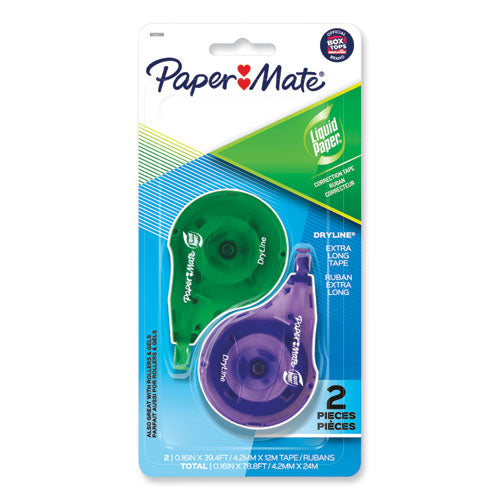 Image of Paper Mate® Liquid Paper® DryLine Correction Tape, Non-Refillable, Green/Purple Applicators, 0.17" x 472", 2/Pack