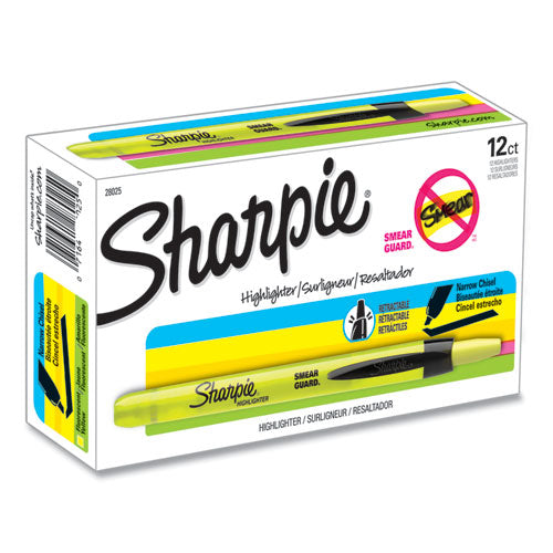 Image of Sharpie® Retractable Highlighters, Fluorescent Yellow Ink, Chisel Tip, Yellow/black Barrel, Dozen