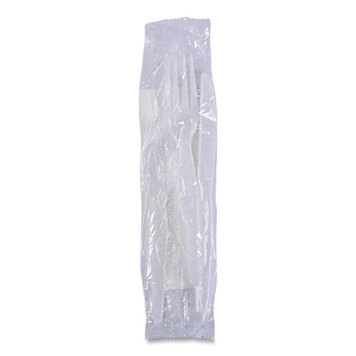 Image of Boardwalk® Four-Piece Cutlery Kit, Heavyweight, Fork/Knife/Napkin/Spoon, Plastic, White, 250/Carton