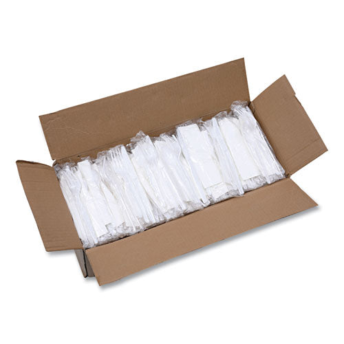 Image of Boardwalk® Four-Piece Cutlery Kit, Heavyweight, Fork/Knife/Napkin/Spoon, Plastic, White, 250/Carton