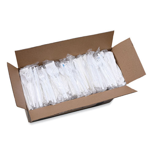 Image of Boardwalk® Six-Piece Cutlery Kit, Heavyweight, Fork/Knife/Napkin/Pepper/Salt/Spoon, Plastic, White, 250/Carton