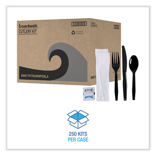 Image of Boardwalk® Six-Piece Cutlery Kit, Mediumweight, Fork/Knife/Napkin/Pepper/Salt/Spoon, Plastic, Black, 250/Carton