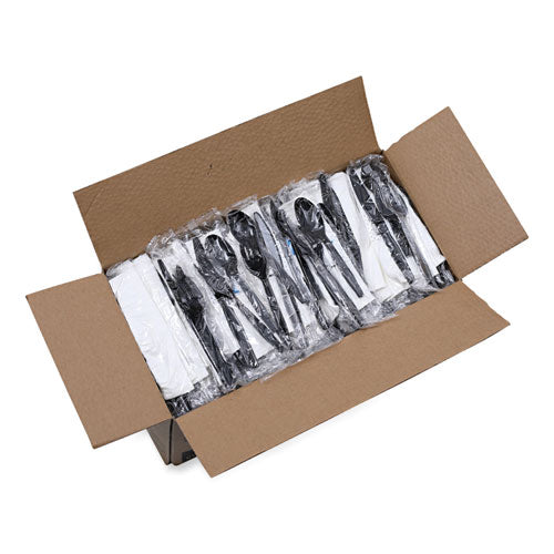 Image of Boardwalk® Six-Piece Cutlery Kit, Mediumweight, Fork/Knife/Napkin/Pepper/Salt/Spoon, Plastic, Black, 250/Carton
