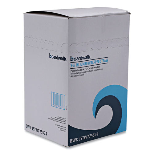 Image of Boardwalk® Wrapped Jumbo Straws, 7.75", Plastic, White/Red Stripe, 400/Pack, 25 Packs/Carton