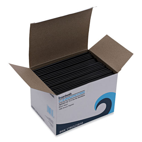 Image of Boardwalk® Single-Tube Stir-Straws, 5.25", Polypropylene, Black, 1,000/pack, 10 Packs/carton