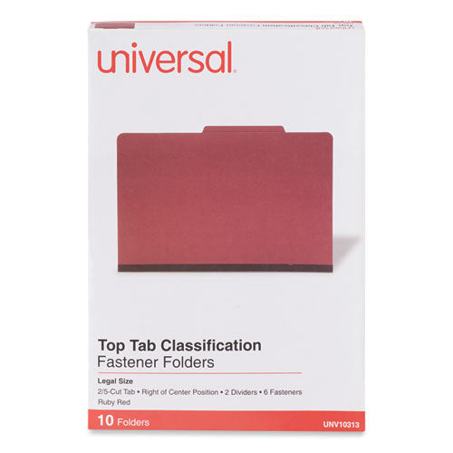 Image of Universal® Bright Colored Pressboard Classification Folders, 2" Expansion, 2 Dividers, 6 Fasteners, Legal Size, Ruby Red, 10/Box