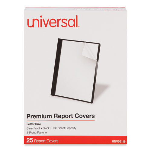Image of Universal® Clear Front Report Cover With Fasteners, Three-Prong Fastener, 0.5" Capacity, 8.5 X 11, Clear/black, 25/box