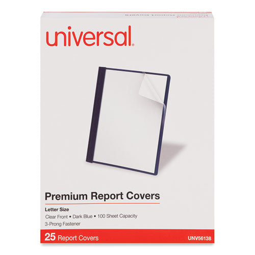 Image of Universal® Clear Front Report Covers with Fasteners, Three-Prong Fastener, 0.5" Capacity, 8.5 x 11, Clear/Dark Blue, 25/Box