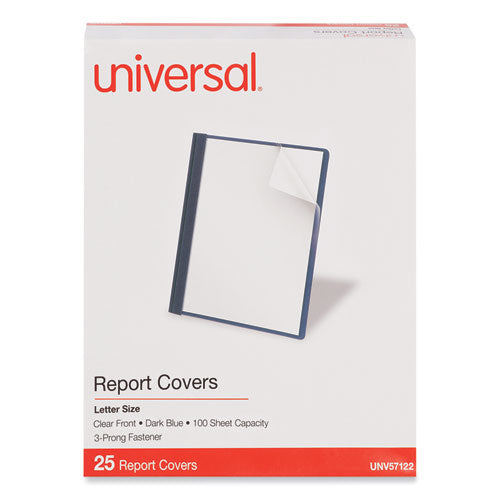 Image of Universal® Clear Front Report Cover, Prong Fastener, 0.5" Capacity, 8.5 X 11, Clear/dark Blue, 25/box