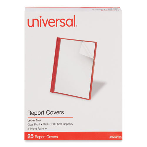 Image of Universal® Clear Front Report Cover, Prong Fastener, 0.5" Capacity, 8.5 X 11, Clear/red, 25/box