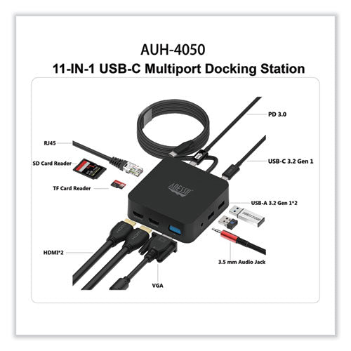 Image of Adesso 11-in-1 USB-C Multi-Port TAA Compliant Docking Station, Black